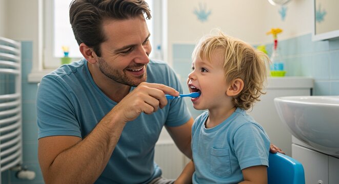 Happy Father and Son Brushing Teeth Together A Guide to Oral Hygiene for Toddlers