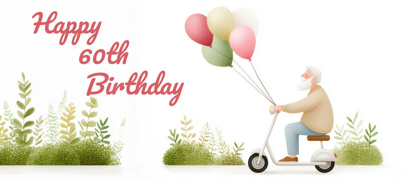 Happy elderly man celebrating his 60th birthday while riding a colorful balloon decorated electric scooter, embracing freedom and youthful joy in nature - Powered by Adobe