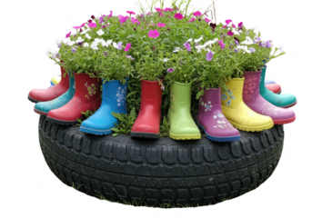 Tire planter with colorful boots and flowers isolated on transparent background