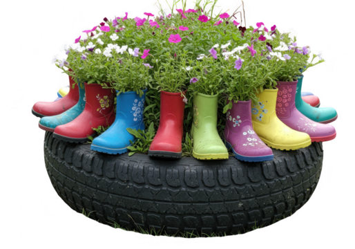 Tire planter with colorful boots and flowers isolated on transparent background - Powered by Adobe