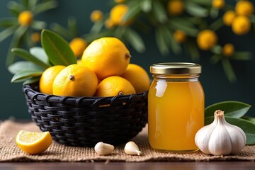 Lemons and garlic in rustic setting, perfect for food blogs, recipe websites, or organic product promotions with a natural touch.