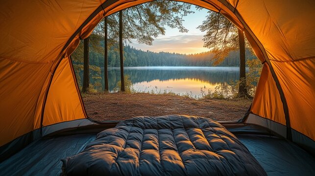Sunrise view from inside a camping tent