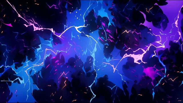 Thunderstroke illustration in purple, blue, and pink set against a deep black background