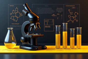 Black microscope and five test tubes on yellow background. Suitable for scientific concepts or laboratory themed designs in educational or research materials.