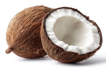 Two coconuts, one whole and one halved, display the white flesh of the fruit