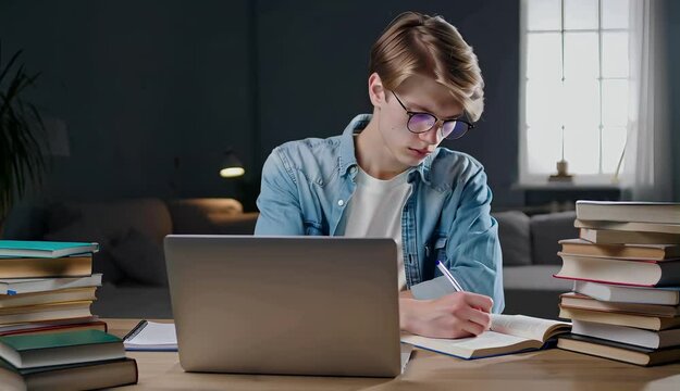 Focused Student Studying: A young, studious man in glasses meticulously takes notes while looking at a laptop, surrounded by stacks of books.