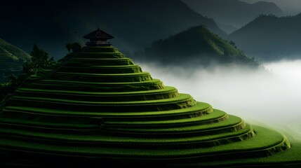 Misty Sunrise Over Lush Green Rice Terraces in Mountain Valley