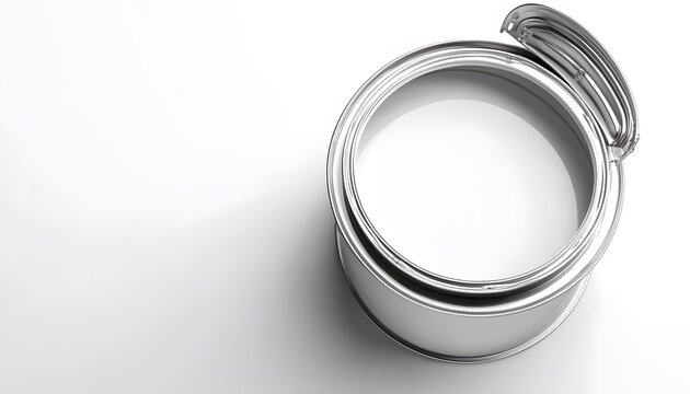Empty paint can with opened lid on white background.