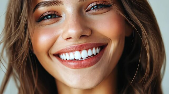 Radiant Beauty: An exquisite, close-up portrait of a young woman, her captivating smile revealing perfect teeth, exudes warmth and confidence, inviting viewers into a moment of pure joy and radiance.