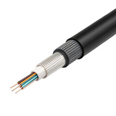 Close up view of a fiber optic cable segment revealing intricate internal structures, highlighting protective layers and delicate fibers for high speed data transmission on a transparent background