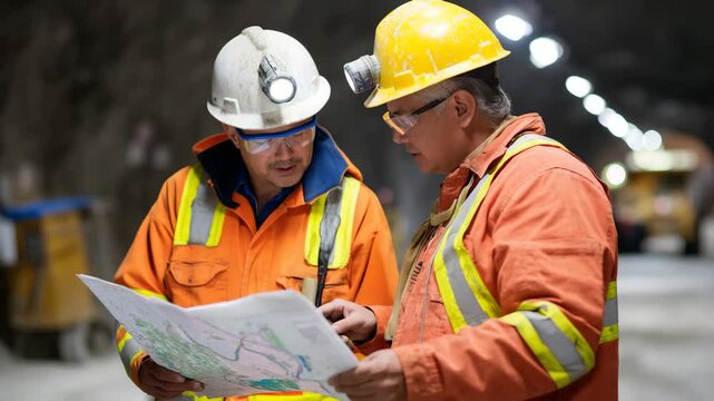 Two engineers in bright safety attire are intensely studying a map inside a mine tunnel, highlighting the collaborative effort required for successful mining operations.