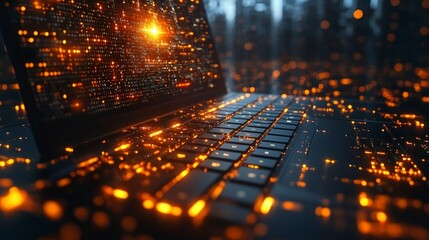 Futuristic Laptop with Glowing Data Streams and Circuitry Background