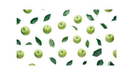 Seamless Pattern of Green Apples and Leaves on Transparent Background