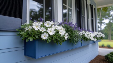 Fototapeta premium Blue window box overflowing with white petunias and lavender