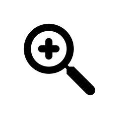 Black magnifying glass with a plus sign inside the lens for zooming and searching precisely on white background