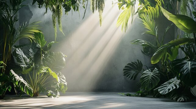 Fototapeta Lush Tropical Plants Sunlight Greenery Background Studio Concrete Wall Dramatic Lighting Vibrant Green Foliage Natural Scene Exotic Indoor Jungle     