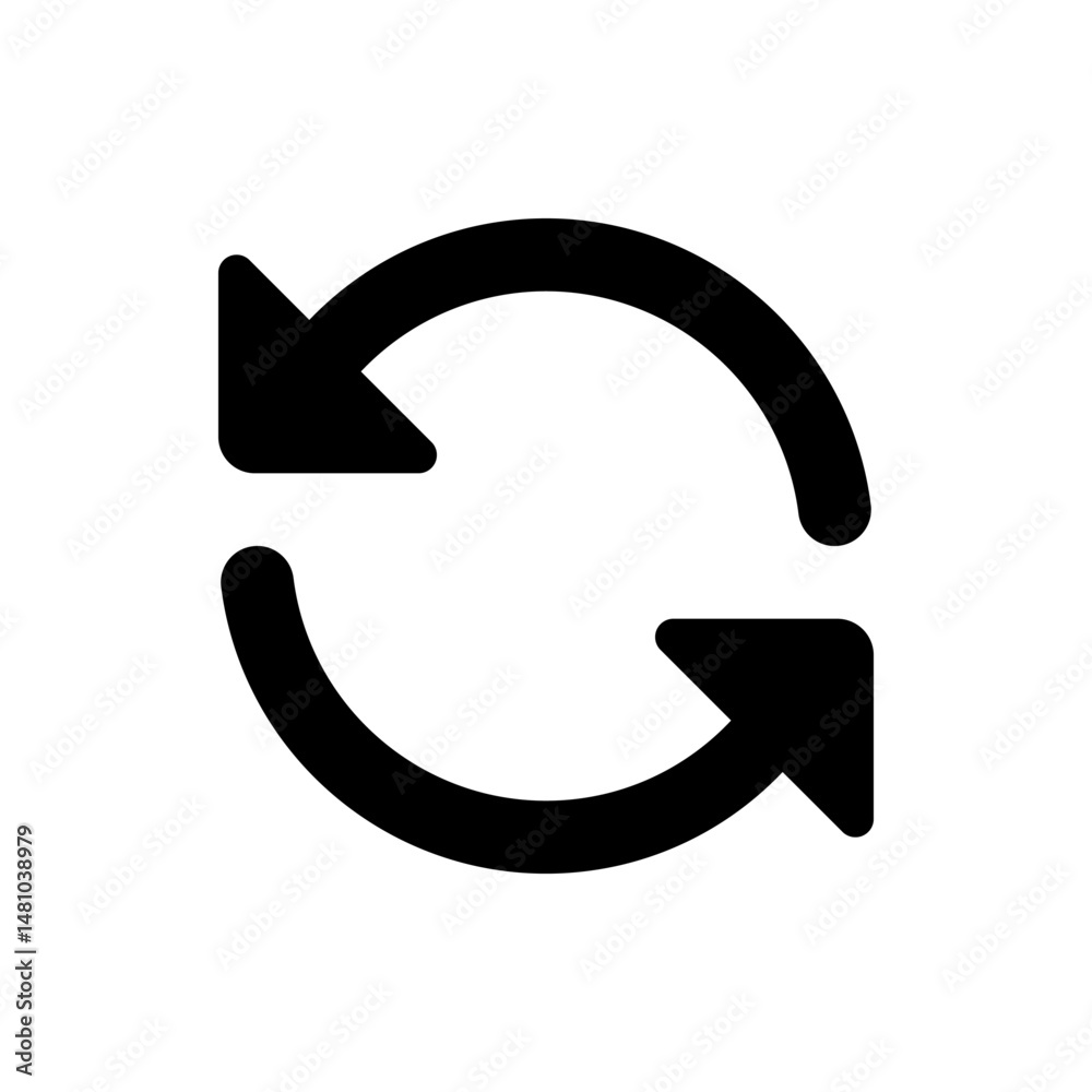 Poster two curved arrows forming a circular motion indicating refresh or reload functionality on a white ba