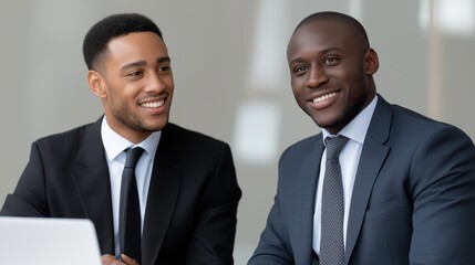 Two diverse business men engaged in collaborative discussion about online project data in a modern office environment