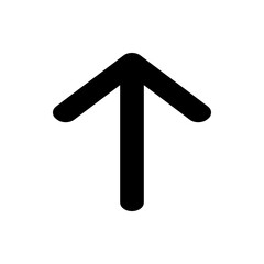 Black upward pointing arrow with rounded edges on a white background in a simple graphic illustration