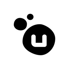 A graphic representation of a large black circle with a white u shape inside and two smaller circles above it