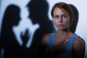 Impact of gender violence on cardiovascular health depicted through a worried woman holding her chest against threatening shadows
