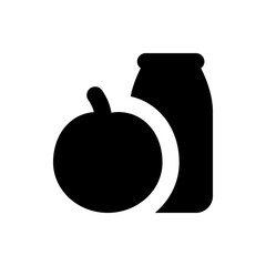Illustration of a simple black apple with a stem and a black jar behind it on a white background