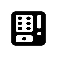 Illustration of a black and white device with a grid of circles and an exclamation point design on it