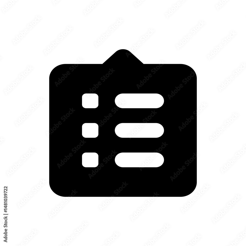 Poster black clipboard icon with rounded corners and three lines and squares representing list items in det
