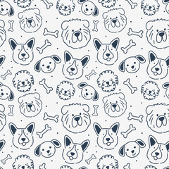 Dog heads and bones seamless pattern. Happy Puppy Doodle Print Illustration. Playful Dog Face Pattern Fabric Pet.