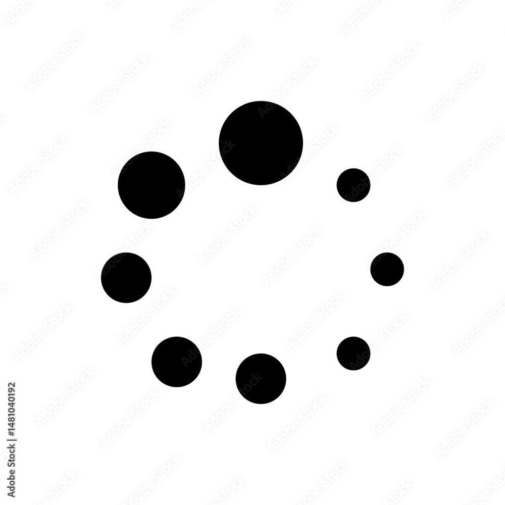 Poster circular arrangement of varying sized black filled circles on a white background creating a loading 