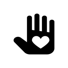 Black silhouette of a hand with four fingers and a thumb displaying a white heart in the palm area