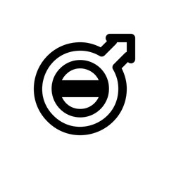 A bold black and white vector graphic depicting a stylized male symbol with circular and arrow elements