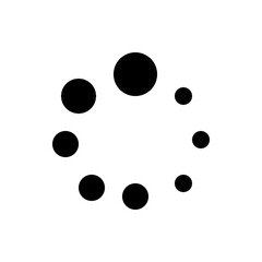 Circular arrangement of varying sized black filled circles on a white background creating a loading icon