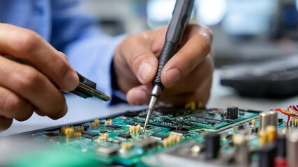 A close-up view of hands skillfully soldering electronic components on a circuit board, highlighting the meticulousness involved in precision engineering and technology.
