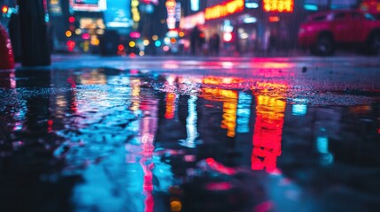 Urban night reflections in a rainy city street.