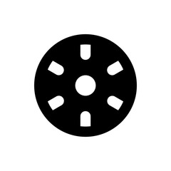 Black circle with a white circle in the center and six white rounded rectangles around the center circle