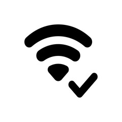 Black wifi signal icon with three curved lines and a check mark indicating a successful connection status shown