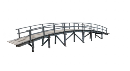 Wooden arched bridge with railings isolated on transparent background