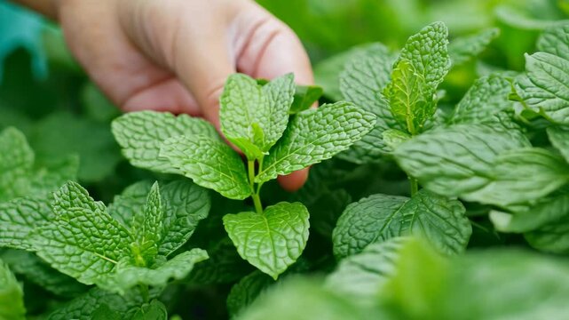 Mint harvest: A hand gently plucks fresh, vibrant green mint leaves from a lush, thriving plant in a close-up view. Capture the aromatic freshness and the essence of natural, culinary ingredients.