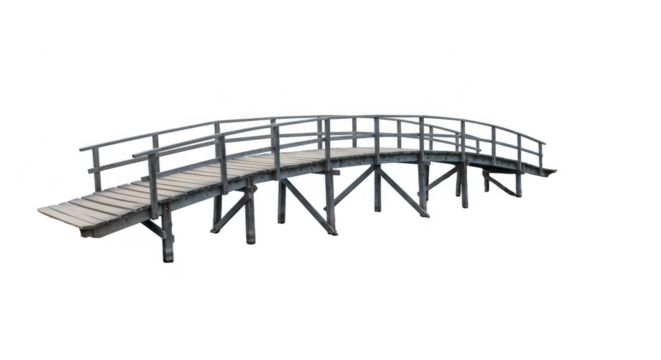 Wooden arched bridge with railings isolated on transparent background