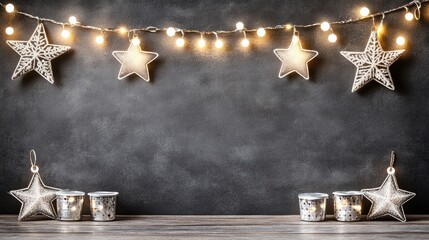 Festive silver stars and lights holiday background