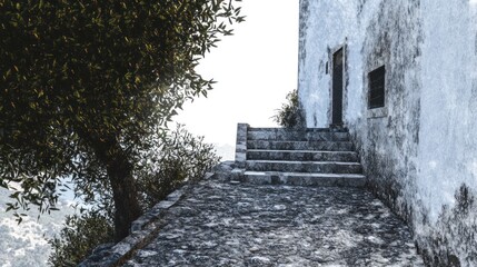 Stone steps leading to a weathered building amidst lush greenery