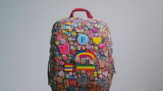 A colorful backpack covered in badges and pins against a grey background.