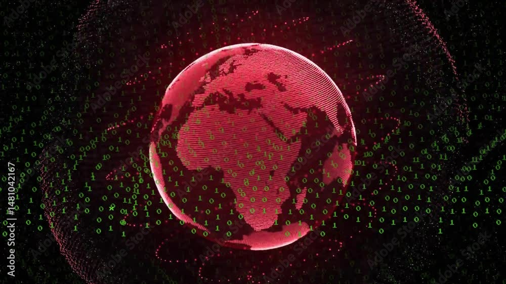 Poster digital red globe rotating over dark space, streaming green binary code and swirling orbital rings