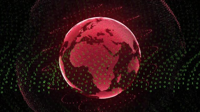 Digital red globe rotating over dark space, streaming green binary code and swirling orbital rings