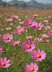 Fototapeta premium Pink cosmos flowers sway gently in a summer field , botany, sunlight