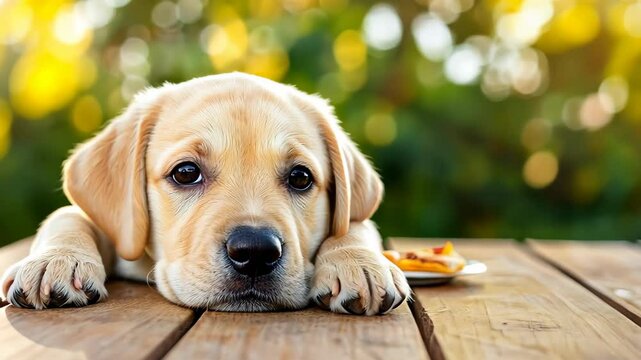 Puppy Resting: A lovable puppy with a captivating gaze rests on a wooden surface, its innocent eyes inviting warmth and affection. A scene of tranquility and companionship.