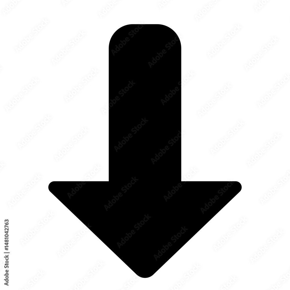 Poster a simple black arrow pointing downwards with a rounded top and a triangular bottom shape on white ba