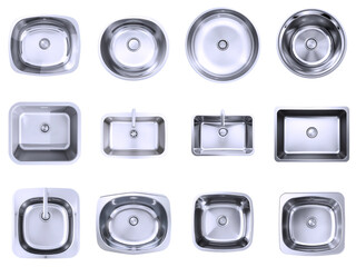 Highly detailed, photorealistic top view of a sleek, chrome metal ultra modern sink, transparent background, isolated from any surroundings, ideal for incorporation into floor plans and collages