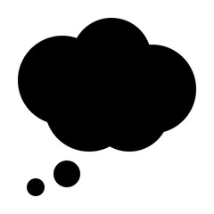 Black thought bubble with two smaller circles below representing thinking or a cloud shape on white background